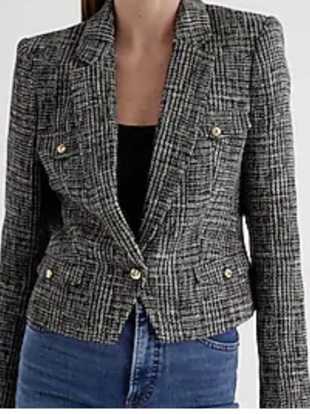 Express Black & White Houndstooth Plaid Gold Buttons Crop Tweed Jacket Size S